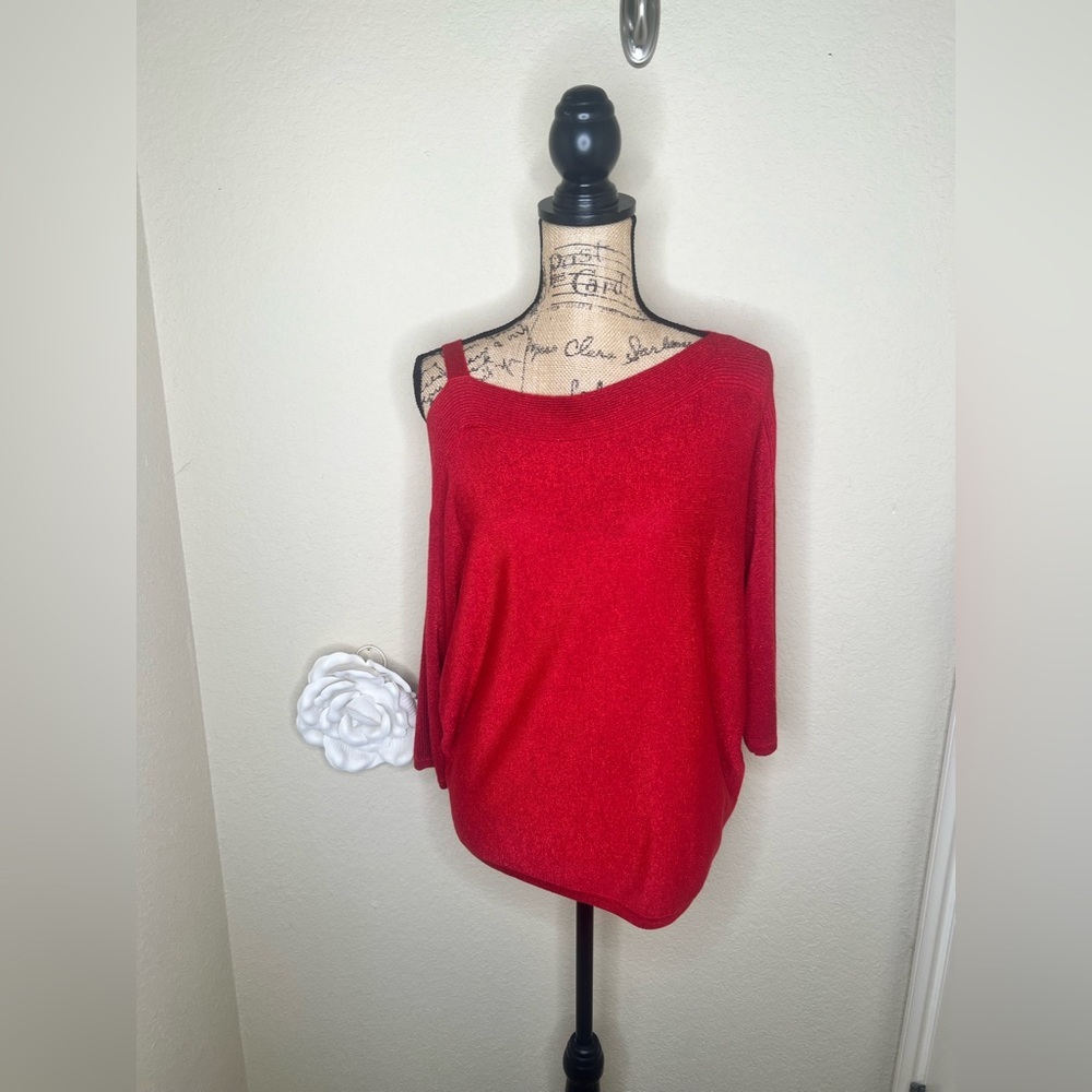 NTM: Joseph Ribkoff Lipsticks Red Metallic One Shoulder Dolman Sweater Top Sz L
